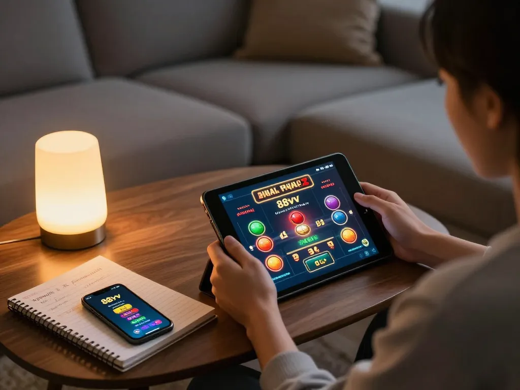 88vv player engaged in online casino gaming on a tablet, showcasing a strategic approach in a cozy home setting.