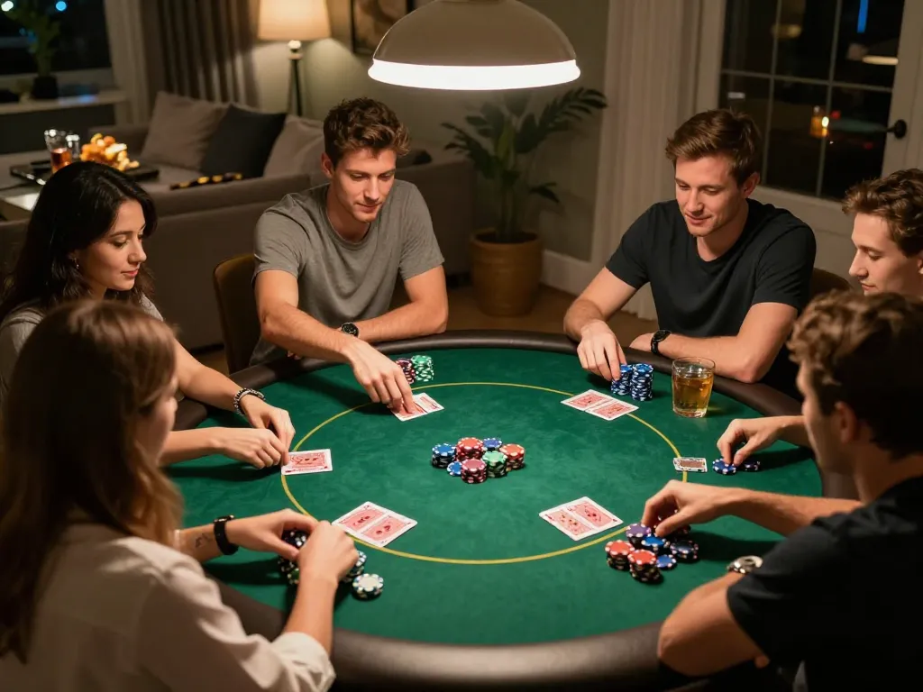 Friends playing poker at home with Net88 branded chips and cards in a warm, inviting atmosphere.