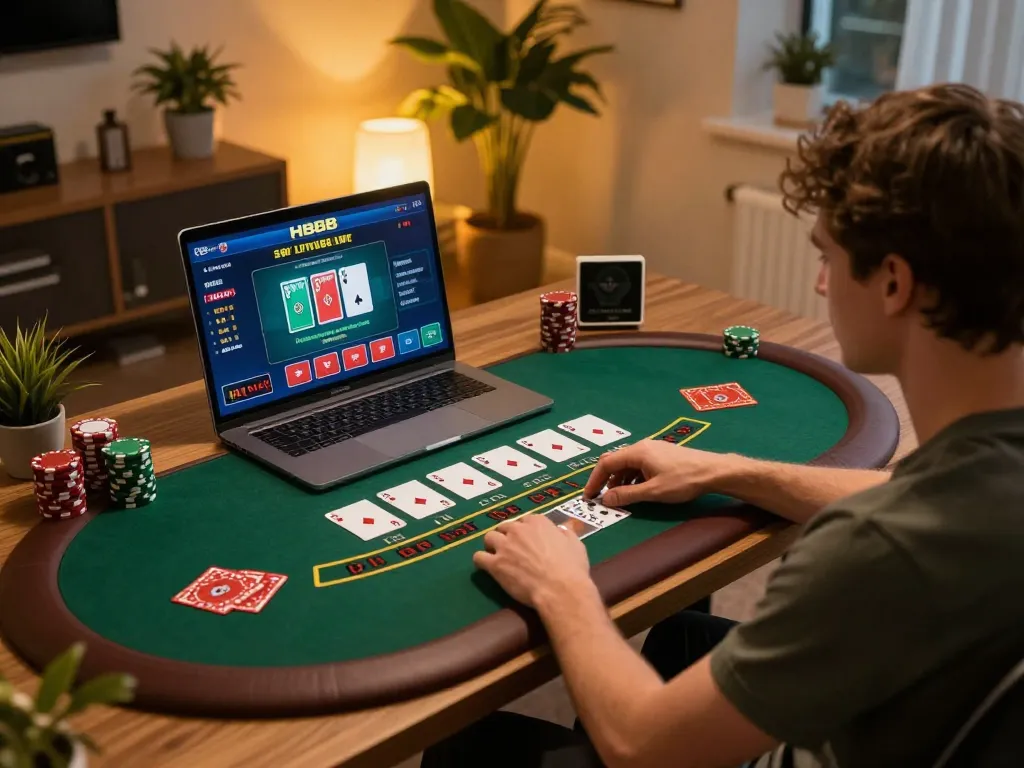 Engaging in an exciting live dealer game at HB88, showcasing comfortable online gaming.