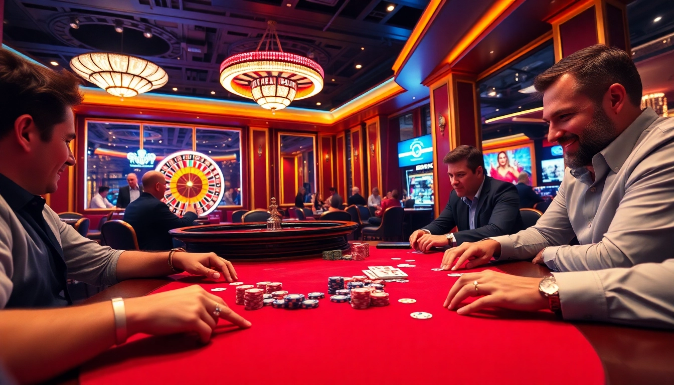 Gambling excitement at https://urr88.com/ with players at a high-stakes poker table surrounded by chips.
