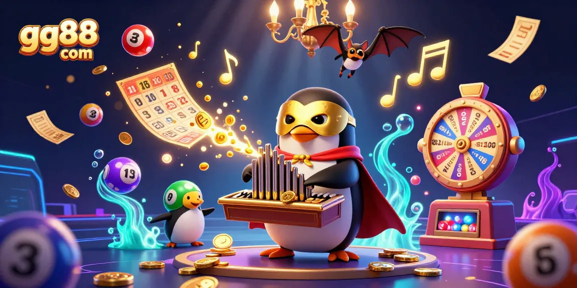 Experience exciting gaming at gg88 com, with a whimsical penguin playing slots amidst golden coins and vibrant lottery balls.