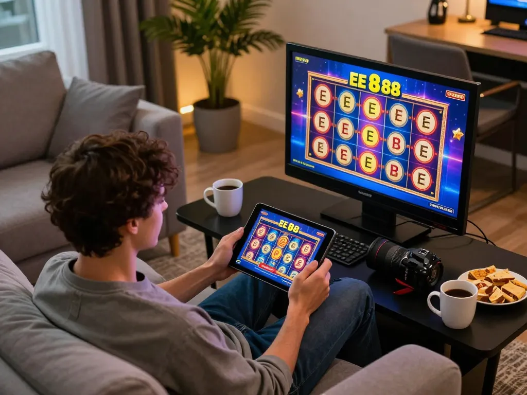Player enjoying a virtual slot game on EE88's platform from the comfort of home.