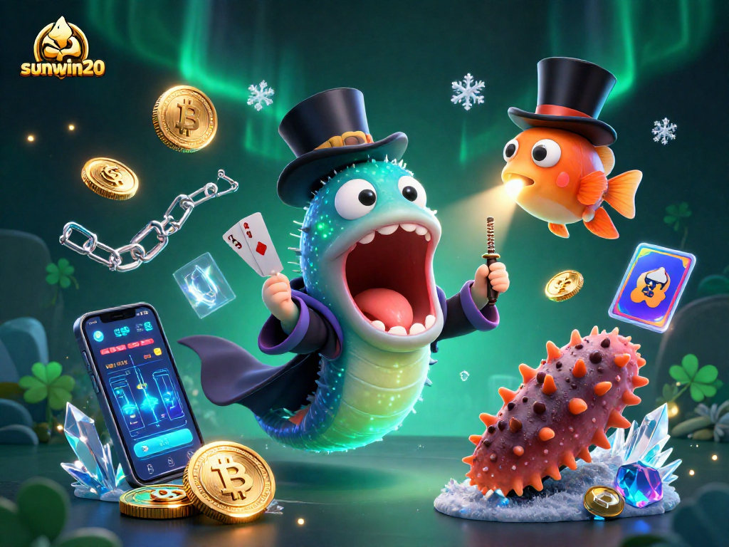 Experience thrilling magic with sunwin20 featuring a bioluminescent eel in a magician's act amidst sparkling crypto coins.