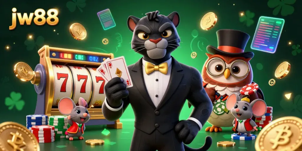 Engage with jw88 as the stylish black panther deals cards while the delightful owl and lucky mouse join the excitement.