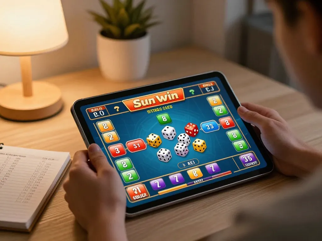Tài Xỉu Sunwin gameplay view on tablet showcasing dynamic betting strategy in a cozy home.