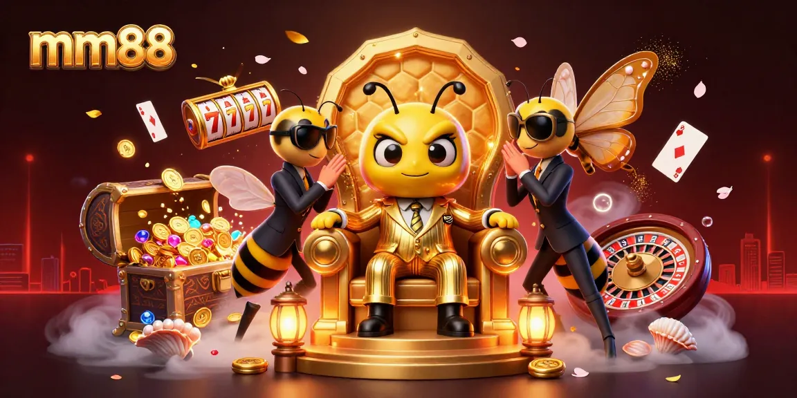mm88 showcases a vibrant casino scene with cartoon characters, slot reels, and golden treasures.