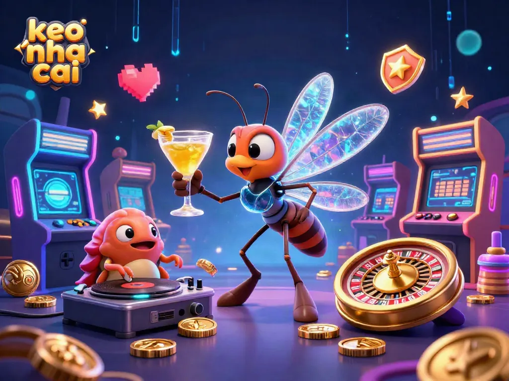 Experience keo nha cai with lively casino characters and dynamic gaming elements in a vibrant illustration.