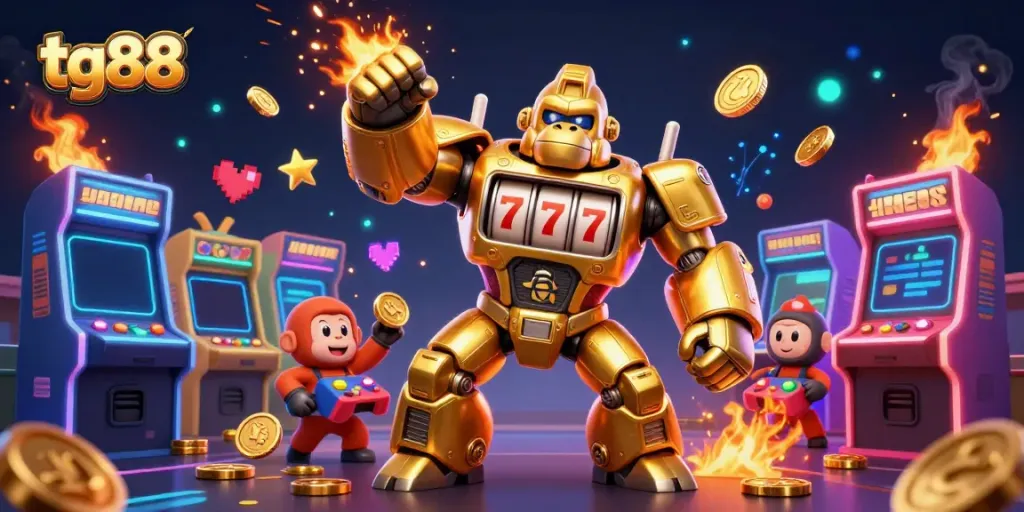 Experience excitement at tg88 with a dynamic 3D golden gorilla mech and colorful arcade themes!