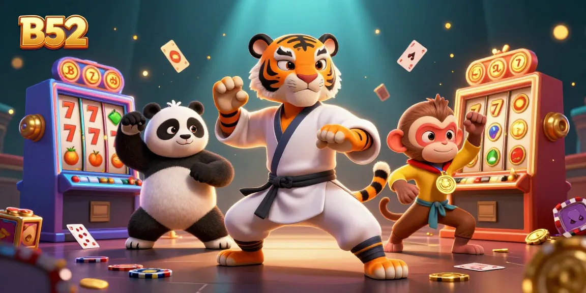 B52 casino scene with kung fu tiger, panda, and monkey amidst vibrant slot machines.