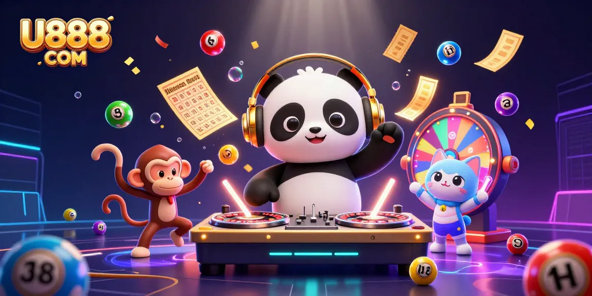U888 COM features a DJ panda spinning roulette turntables amidst a vibrant casino scene.