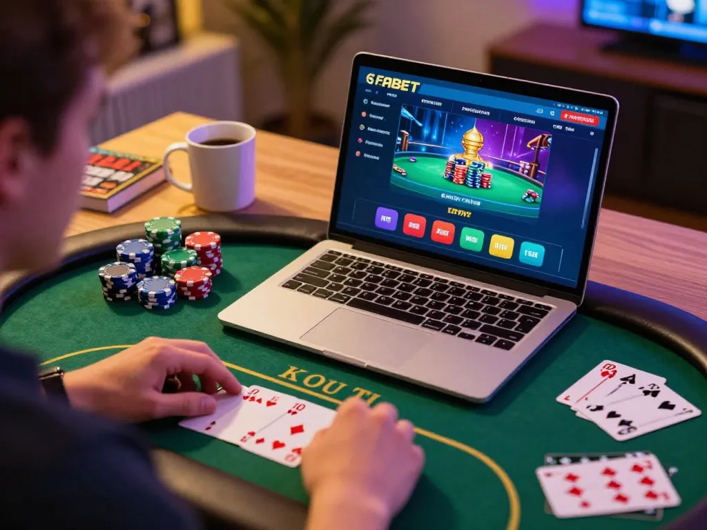 Player immersed in FABET online casino action with poker cards and strategy notes nearby