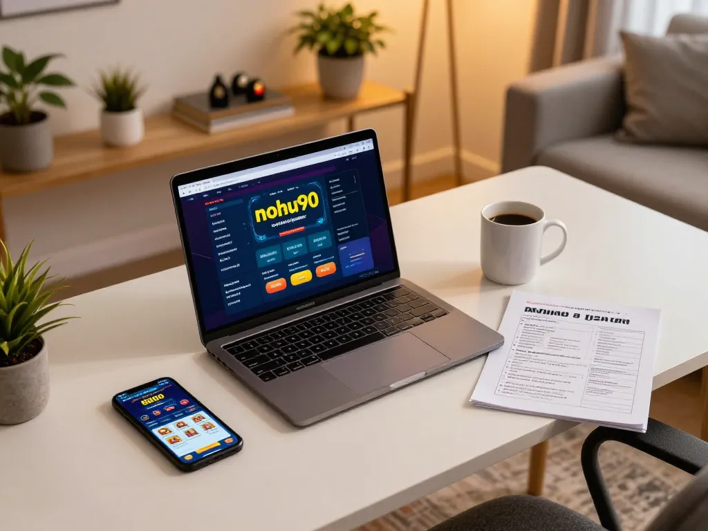 Engaging gameplay experience on nohu90 with laptop and coffee setup for an inviting online casino atmosphere.
