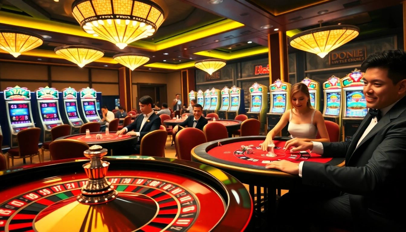 Exciting scene of NK88-themed online casino, featuring roulette, poker chips, and players placing bets.