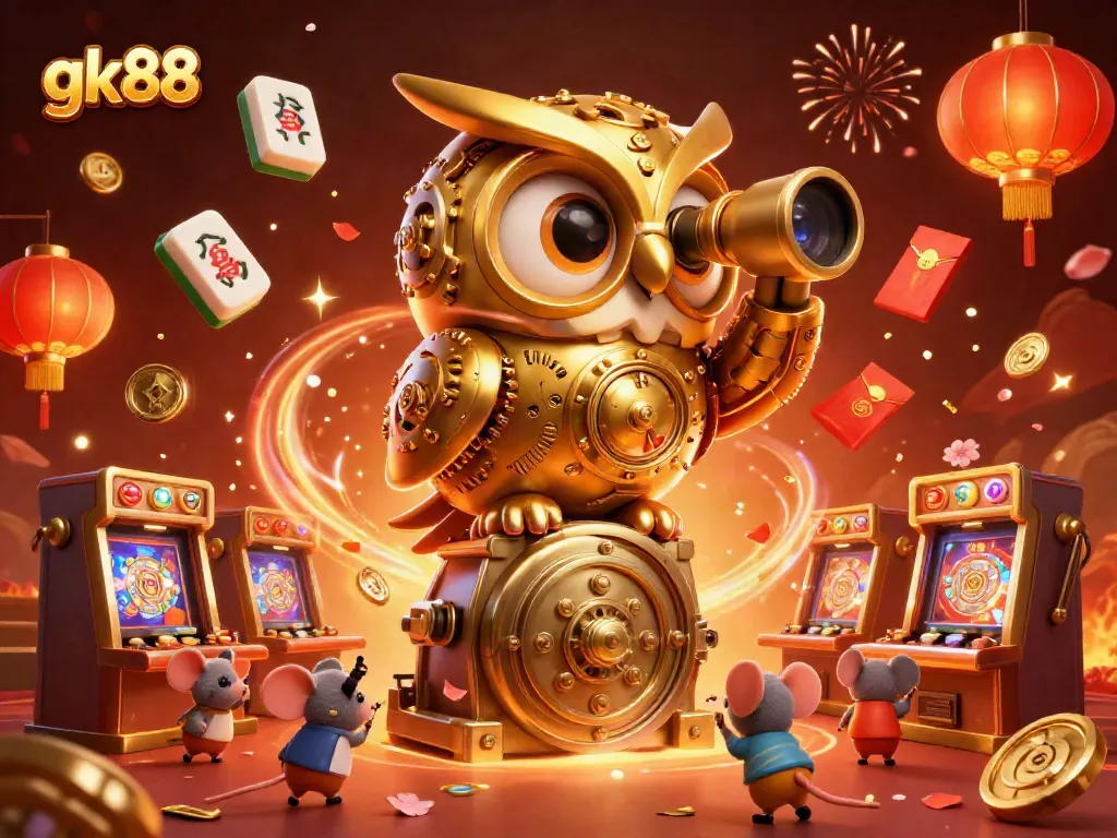 Experience thrilling gameplay at gk88 with vibrant 3D casino elements showcasing slot machines and festive decorations.