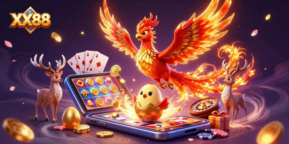 Experience the thrill of XX88 with a vibrant scene showcasing a phoenix and casino games.