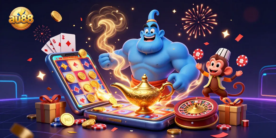 Experience the thrilling magic of au88 with a vibrant casino scene featuring a genie, monkey, and poker chips.