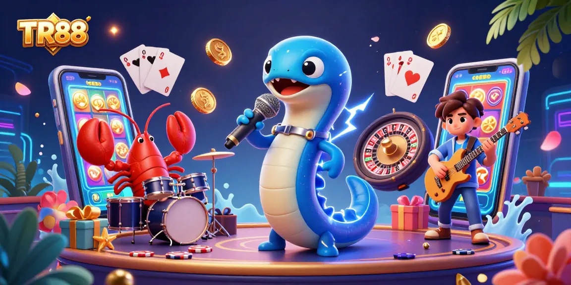 Spin and win at TR88 with vibrant casino-themed underwater scene featuring electric eel DJ.