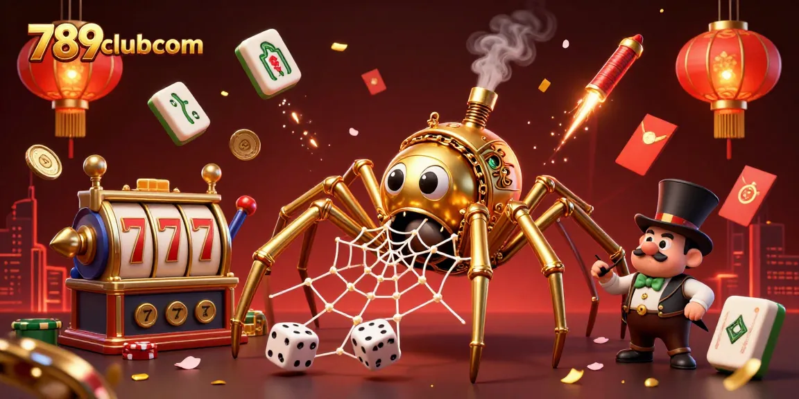 Experience thrilling moments with 789clubcom, featuring a steampunk spider and poker elements in a dynamic casino scene.