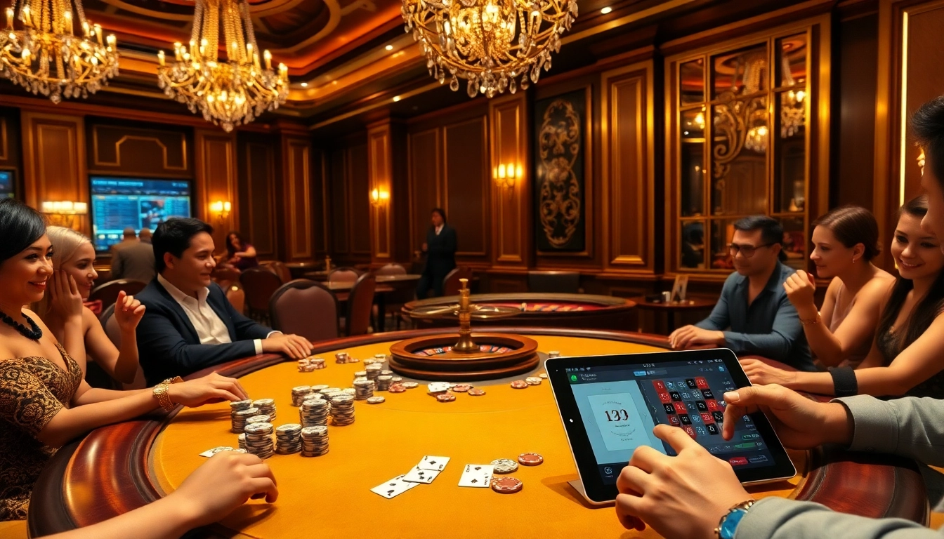 Daga enthusiasts placing bets at a luxurious poker table in a modern casino setting.