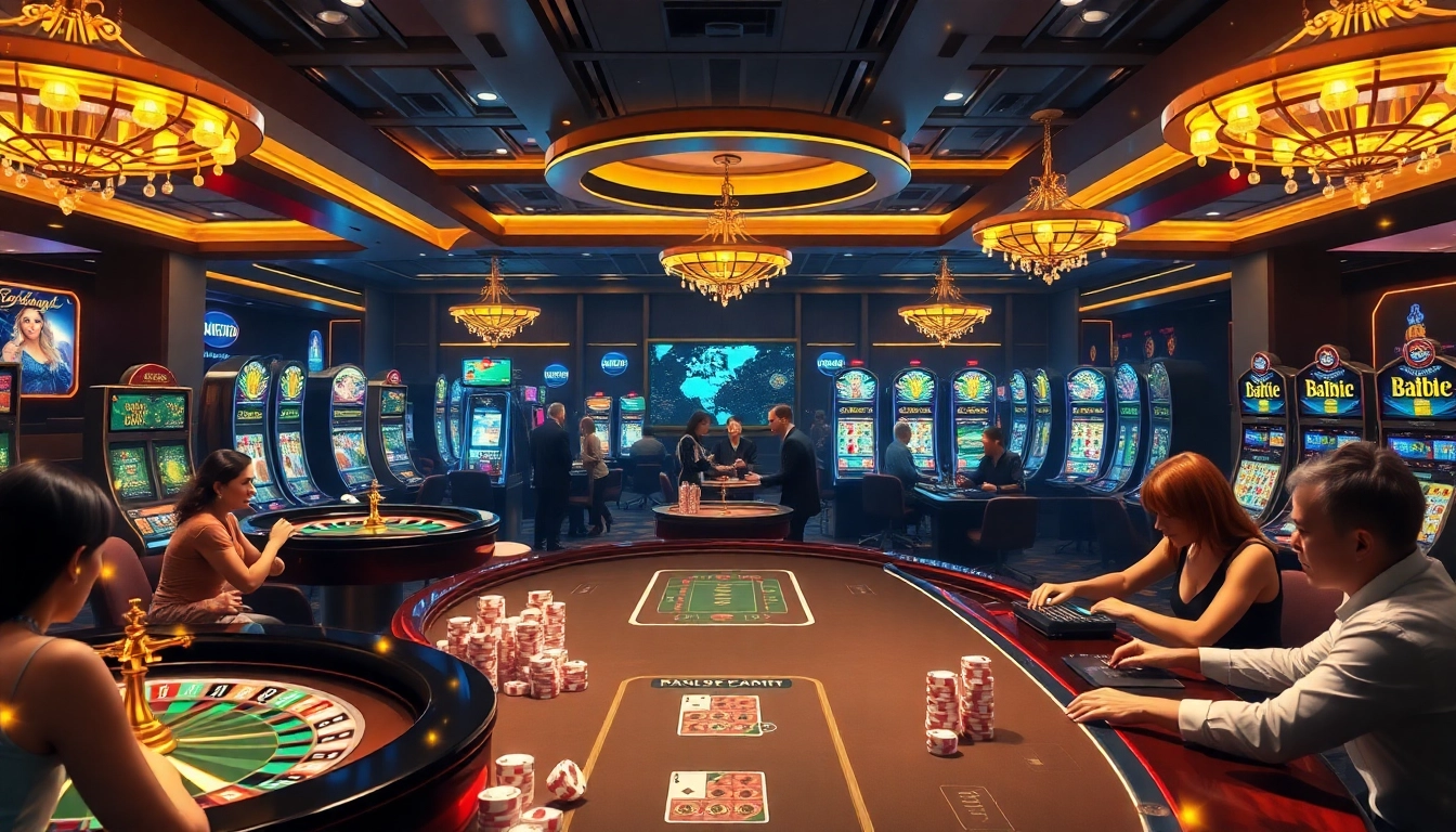 Players enjoying thrilling games at a debet online casino, surrounded by vibrant tables and colorful chips.