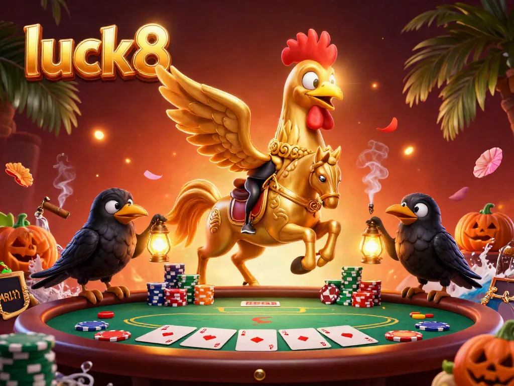 Experience luck8 with a vibrant casino scene featuring a golden rooster and pumpkin-crow companions.