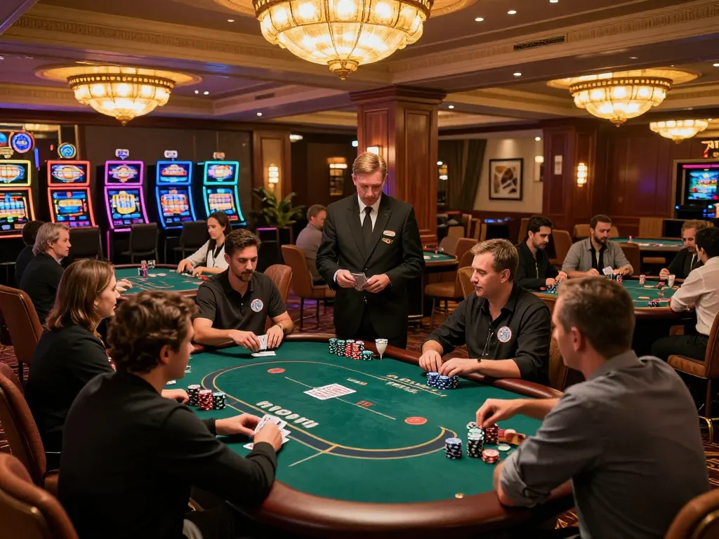 Players enjoy a lively game at kkwin casino, highlighted by stylish decor and vibrant atmosphere.
