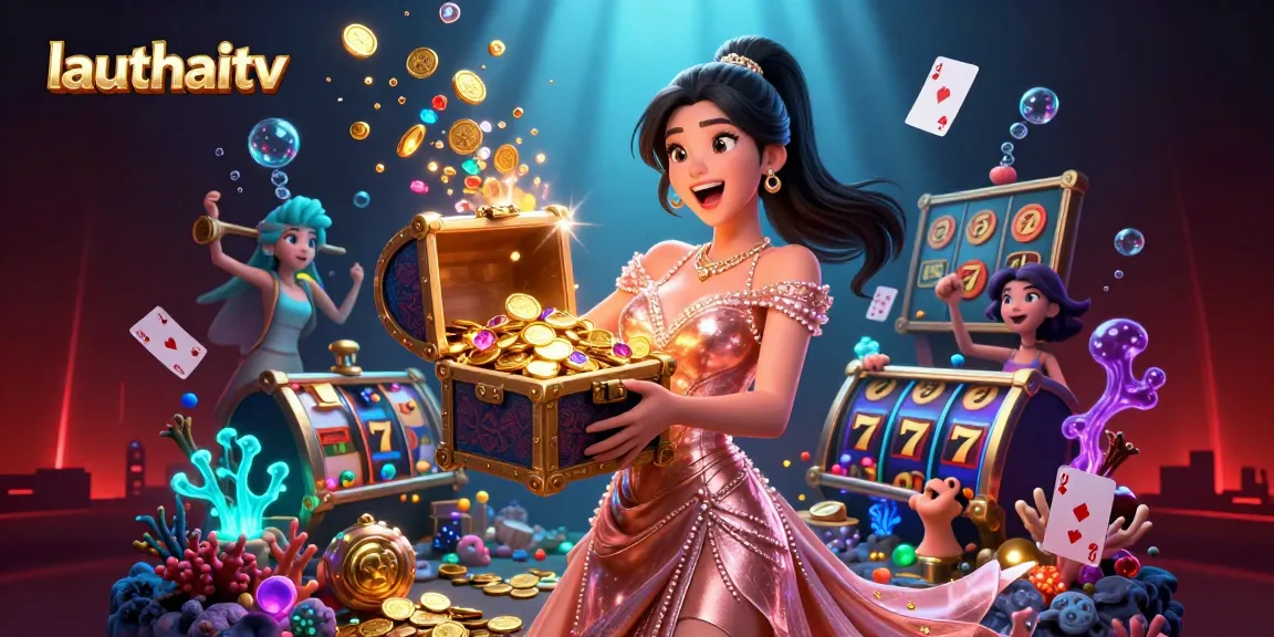 Experience thrilling gameplay with lauthaitv as a joyful character presents a treasure chest of winnings.
