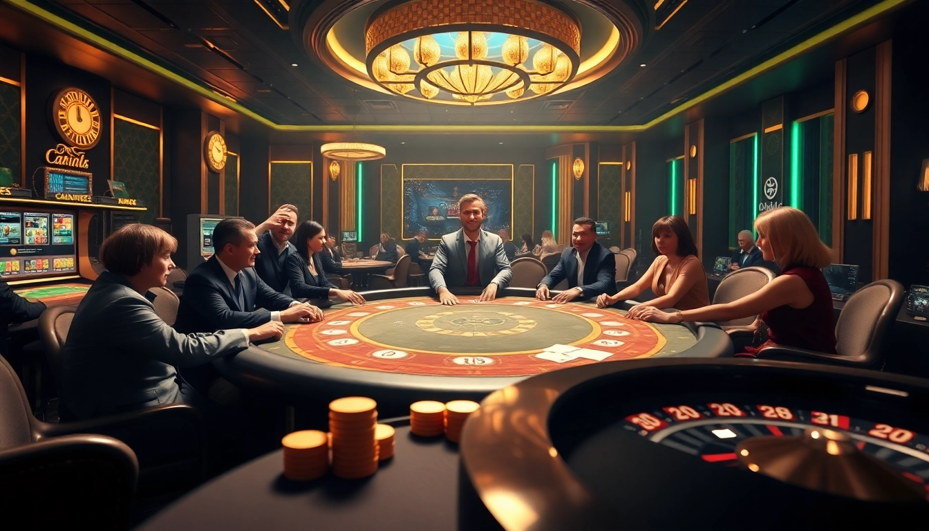 Experience thrilling action at https://bet88best.com/ with a vibrant casino scene showcasing poker tables and roulette wheels.