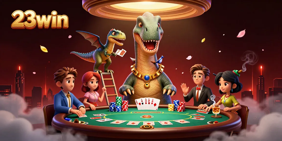 Experience the excitement of 23win, featuring cartoon dinosaurs in a dynamic casino scene.