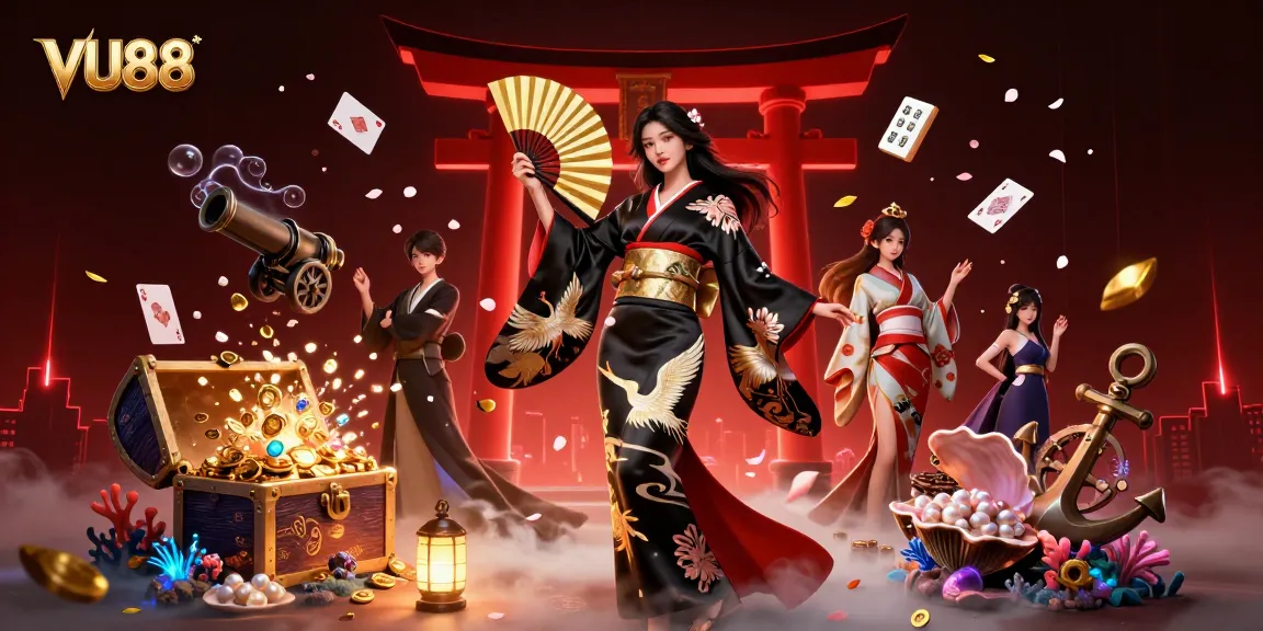 Win big at VU88 with an elegant Asian lady showcasing live casino excitement amidst falling cherry blossoms.