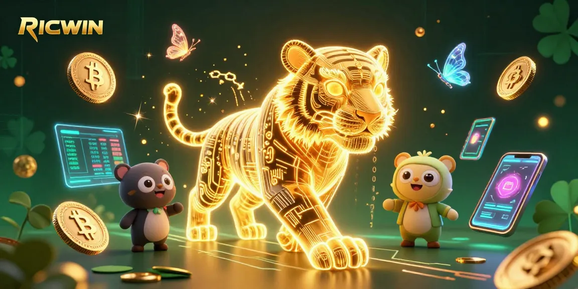 Experience the vibrant digital casino world of RICWIN with a neon golden tiger amidst rich crypto elements.