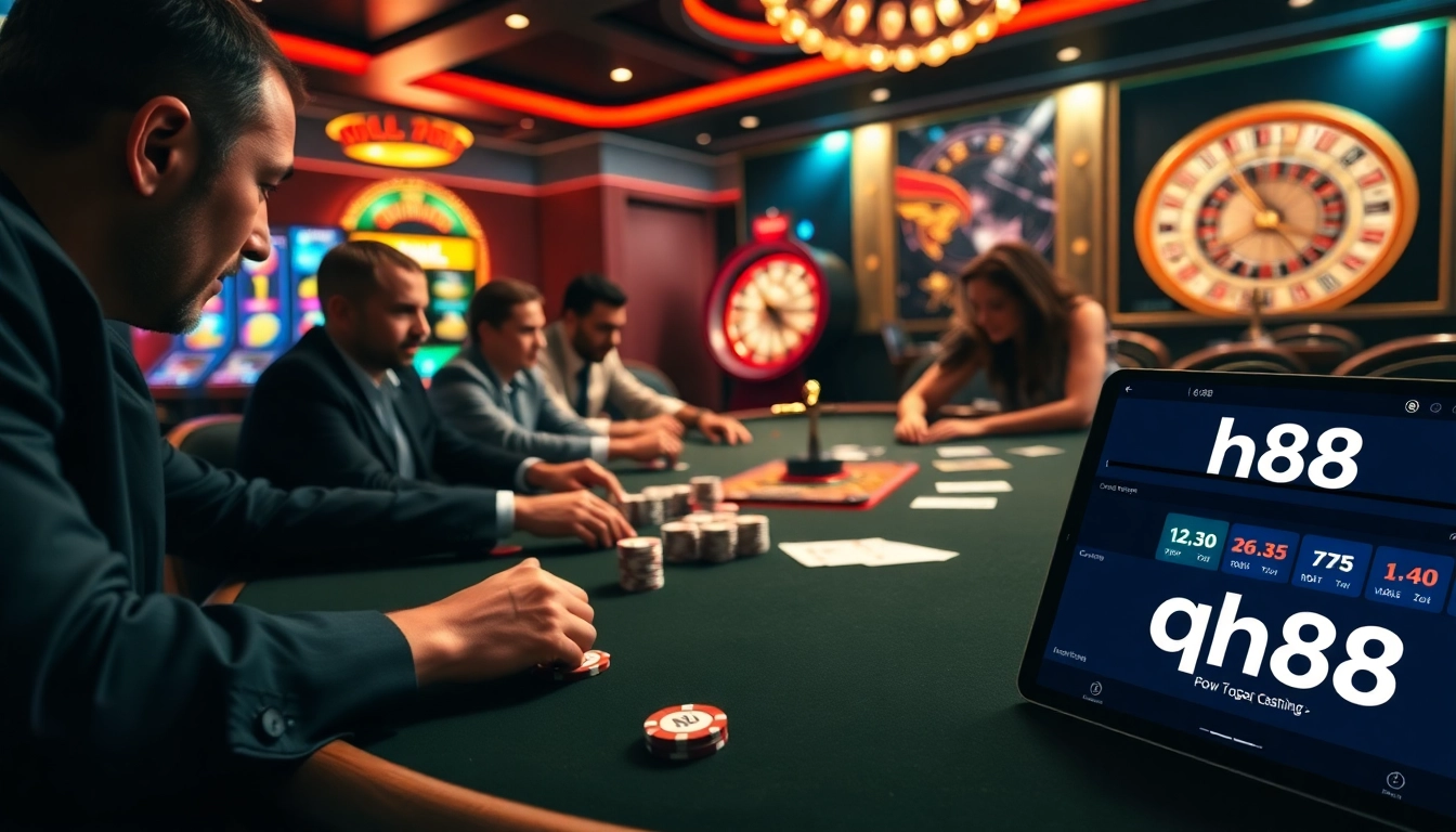 Engaged players at a qh88 poker table, surrounded by colorful slot machines and a roulette wheel.