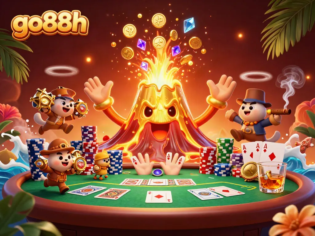 Engage with the go88h adventure featuring a golden volcano erupting with coins in a vibrant casino scene.