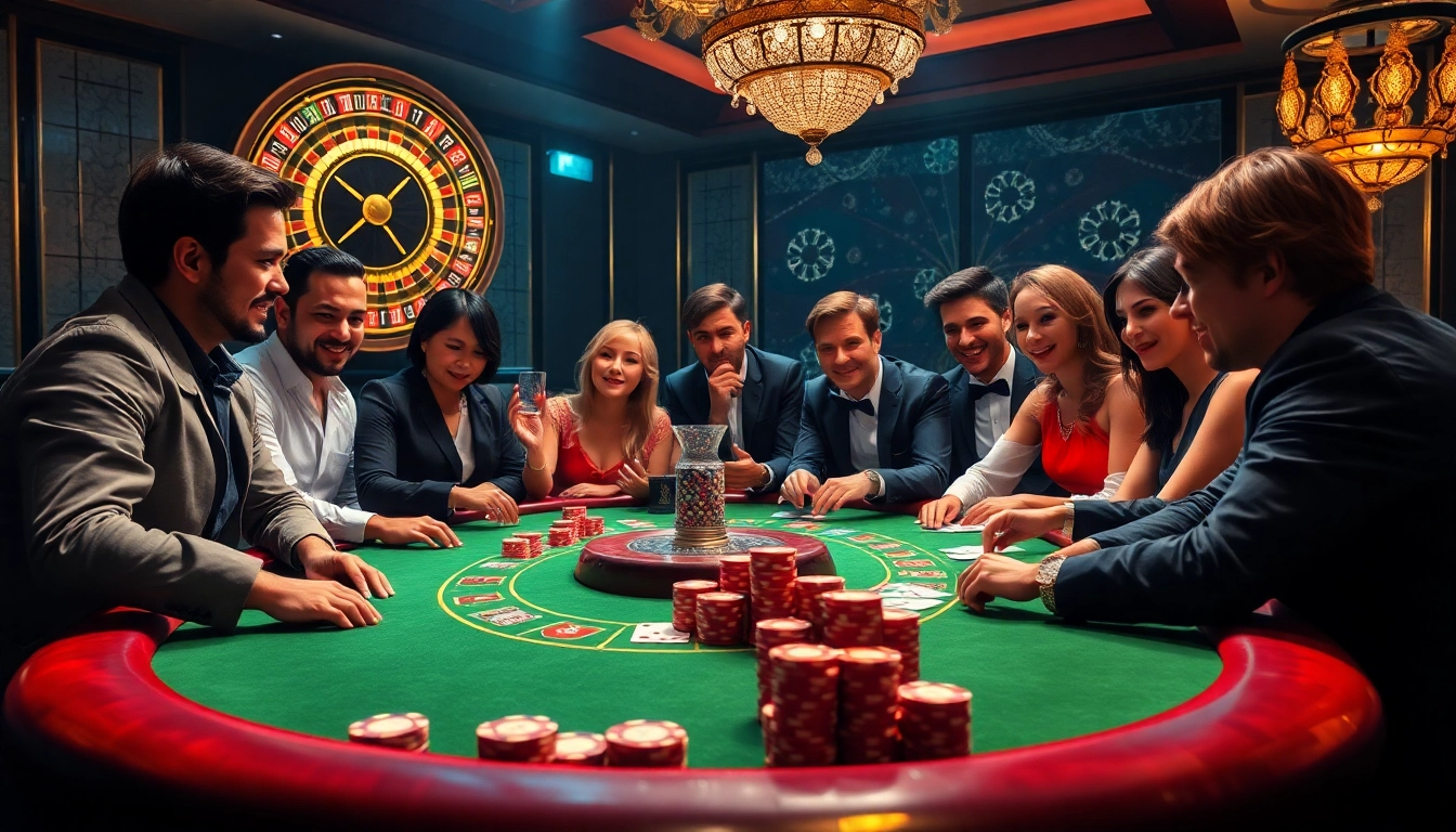 Experience thrilling gameplay at 789win casino, showcasing poker chips and playing cards surrounded by eager players.