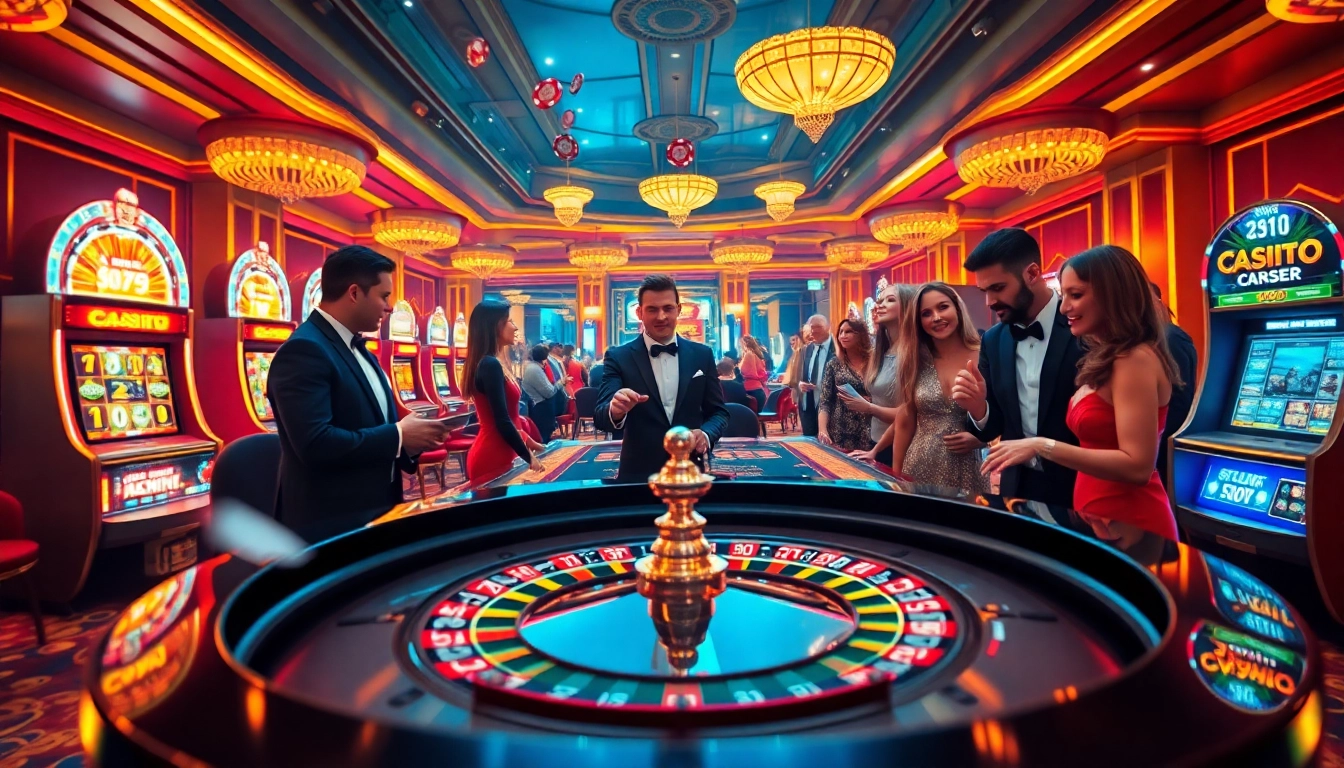 Experience the excitement of 32WIN at a luxurious casino with gamblers at a roulette table.