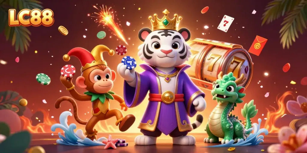Experience thrilling wins with LC88 amidst vibrant casino-themed characters and elements.