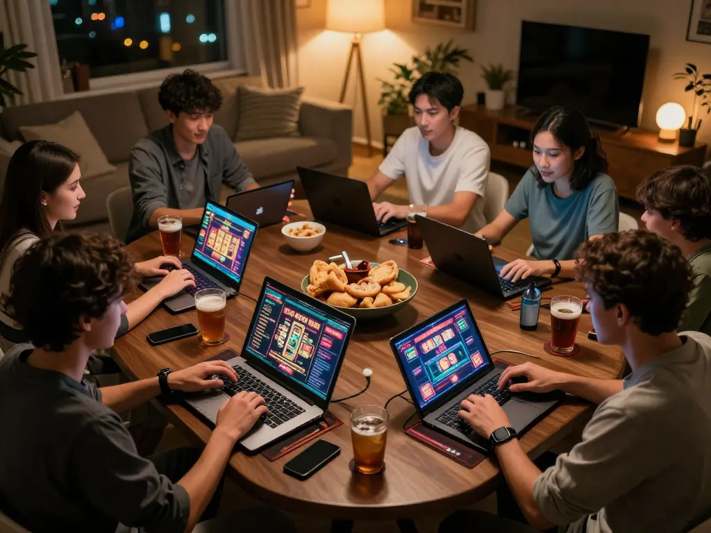 Players enjoying online slots at home on 888NOW platforms with snacks and drinks
