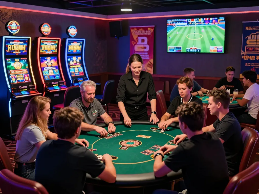 GO 8 online casino vibrant gaming scene with excited players at card table and colorful slots.