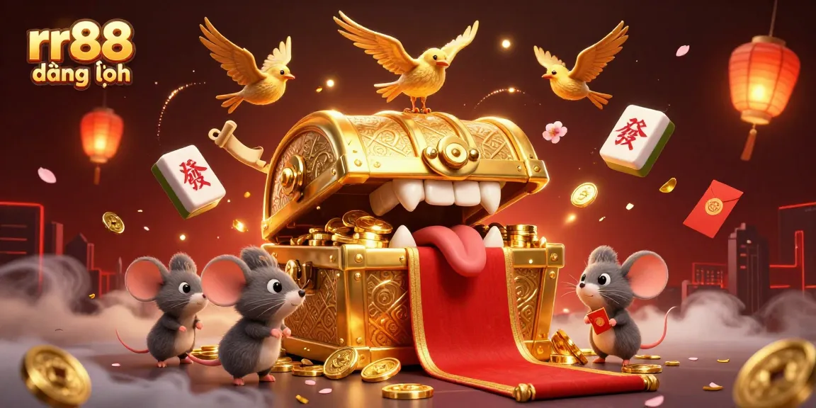 Engage in gaming adventures with rr88 đăng nhập as a golden treasure chest lures adventurer mice amid vibrant casino elements.