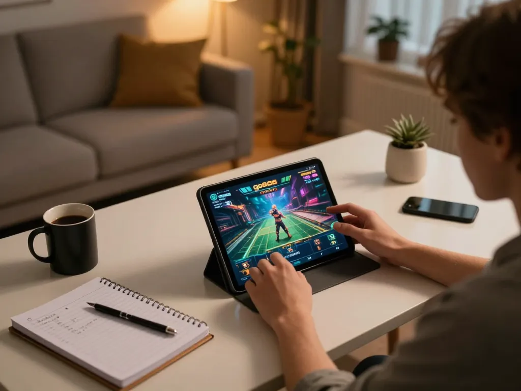 Engaging with game go88 on a tablet in a cozy home office, reflecting online casino excitement