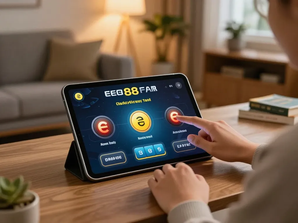 Person engaging with ee88 online casino interface on a tablet in a cozy home setting