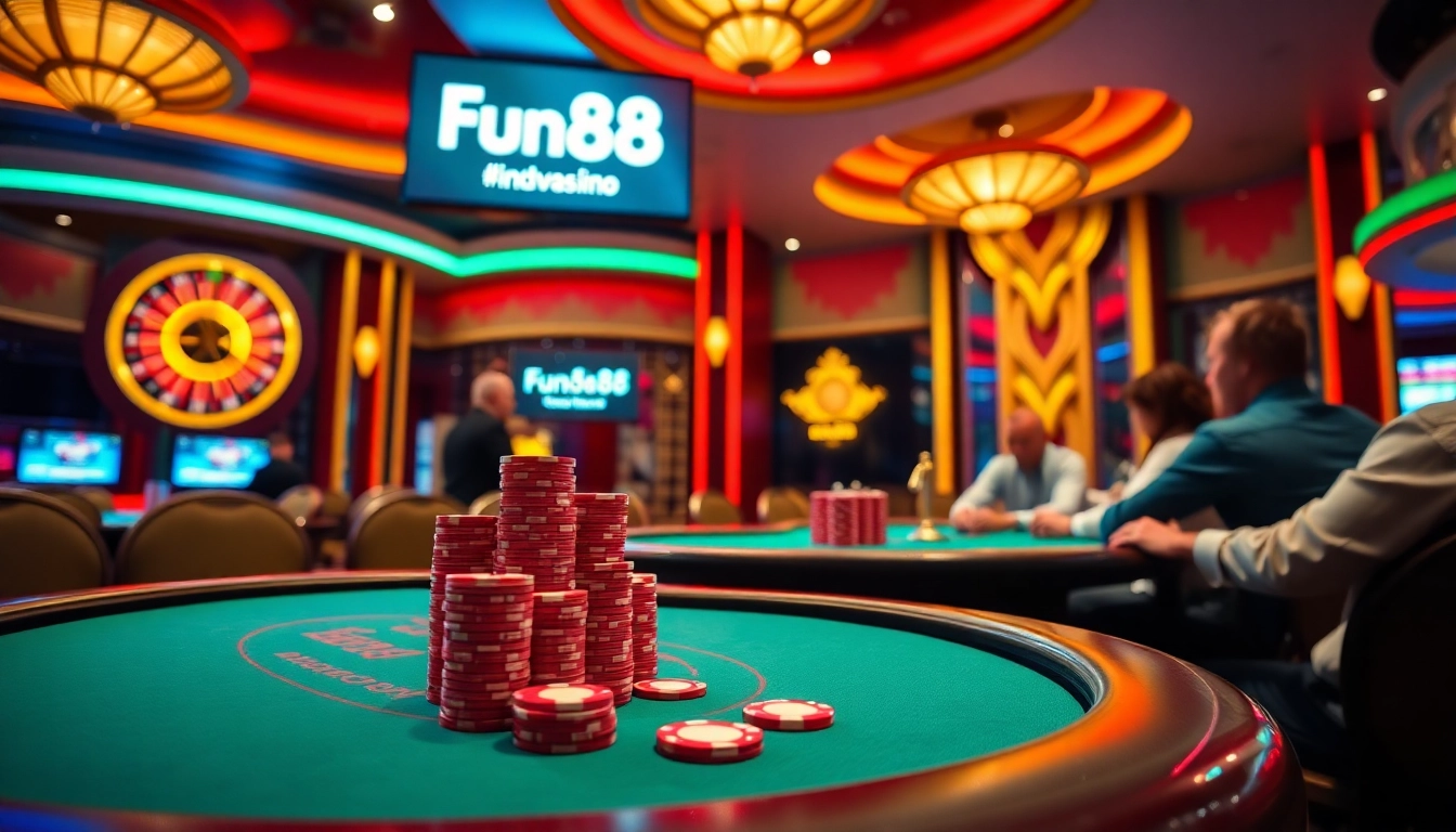 Engaged players at a luxurious poker table with the Fun88 link displayed prominently in a vibrant casino setting.