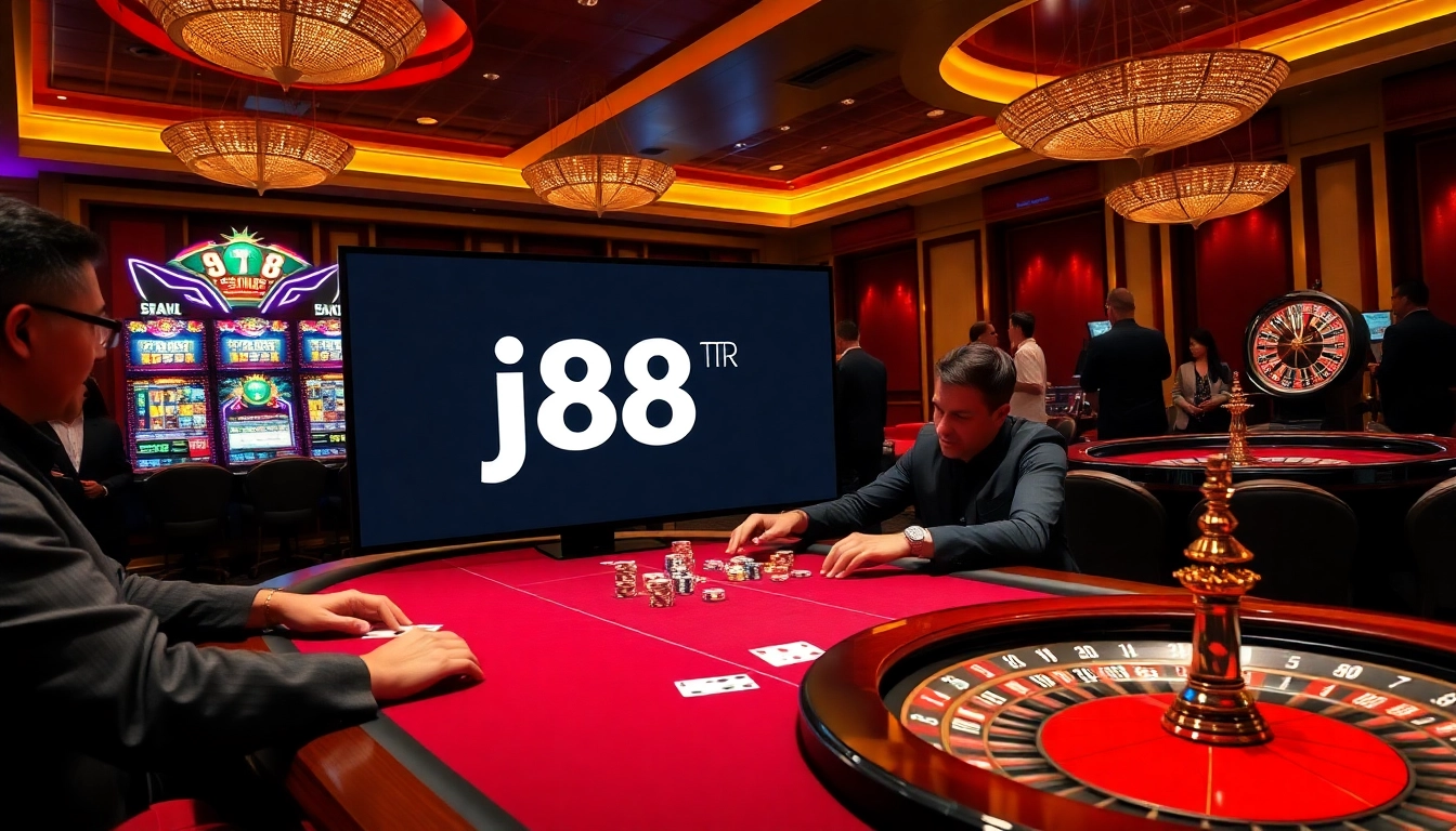 Players strategizing their j88 bets at a lavish casino poker table amidst vibrant slot machines.