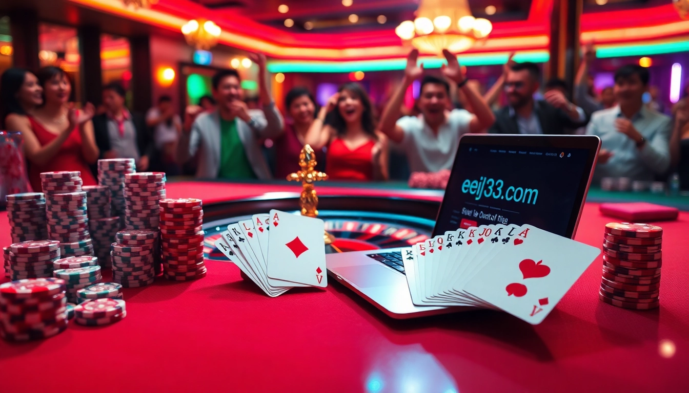 Experience the excitement of eejl33 com online casino with vibrant roulette and poker chips.