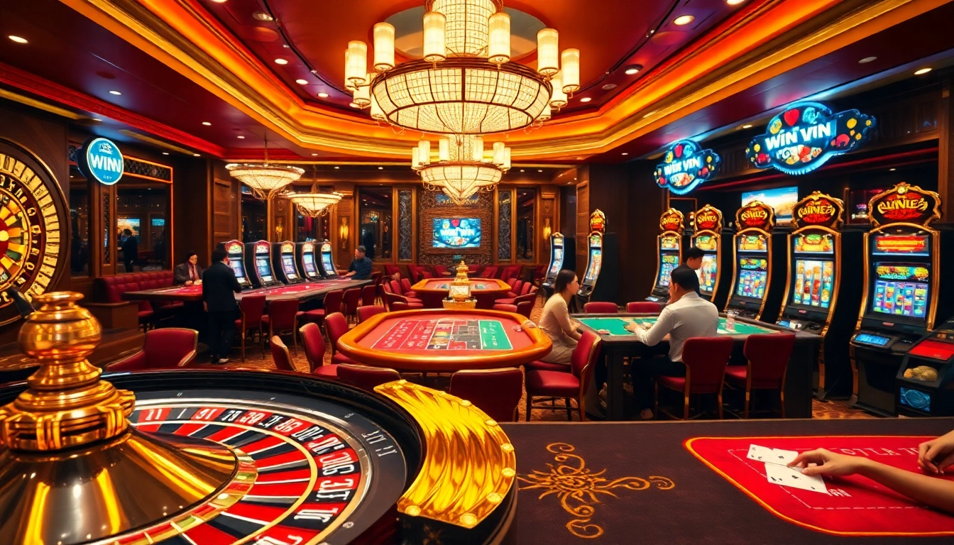 Experience the excitement of win vn at a luxurious casino with vibrant slot machines and elegant poker tables.