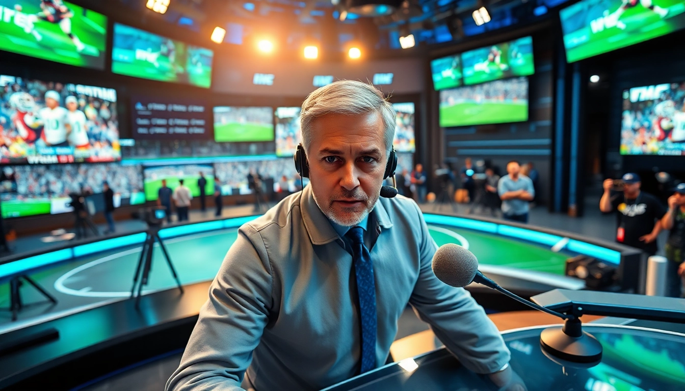 Engaging sports broadcasting setup with anchor reporting live from a vibrant studio.