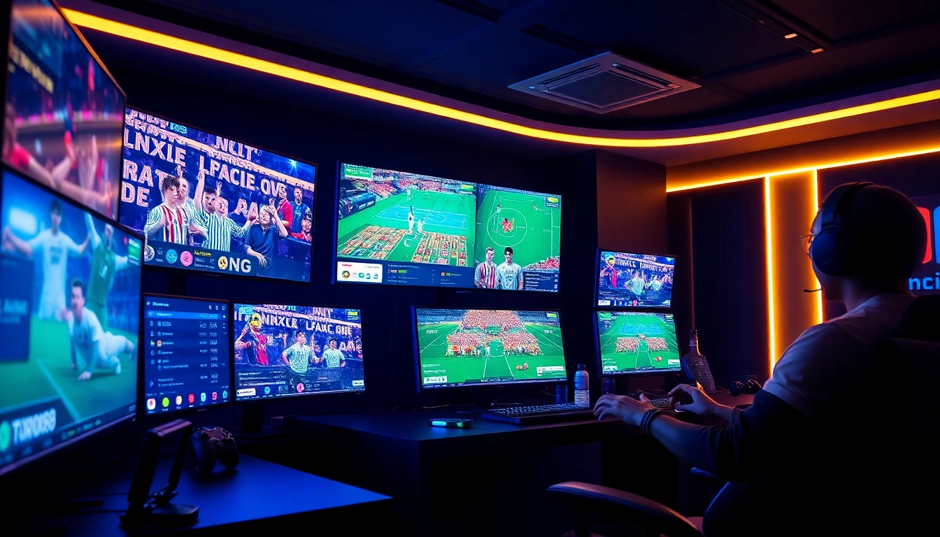 Dynamic gaming setup showcasing the excitement of hello88win.live with vibrant screens and luxurious ambiance.