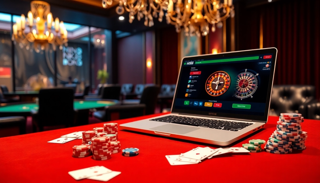 Experience the thrill of online gambling with trang chủ nk88 featuring poker chips and a roulette wheel.