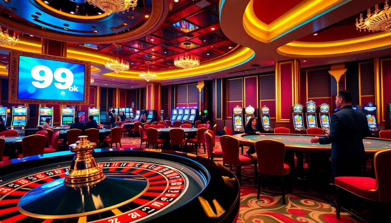 Exciting casino scene with poker games and "99 ok" prominently featured.