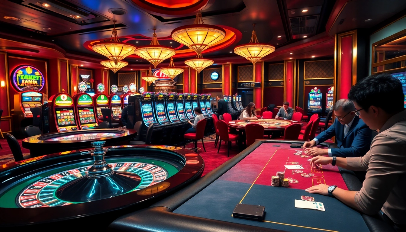 Players enjoying a thrilling gaming experience at S666 casino with poker chips and roulette wheels.